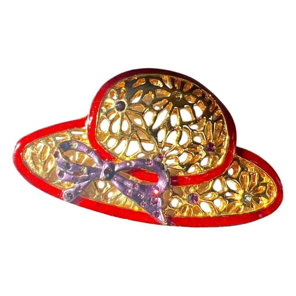Vintage Enamel Gold Red Hat Society Red Outline Purple Bow Brooch Pin Pendant